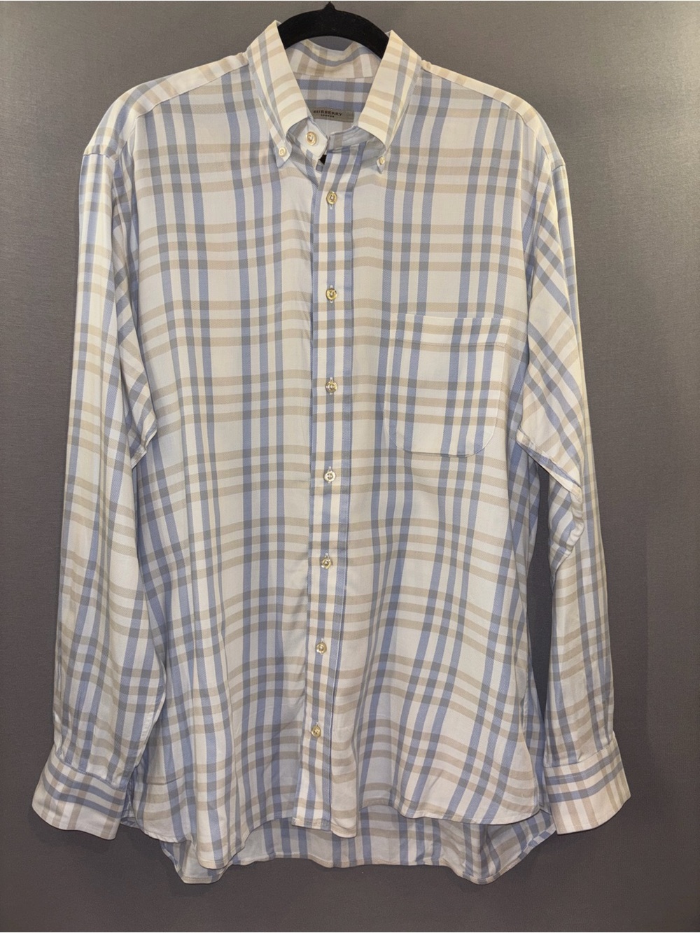 Burberry London Men's dress Button-Down Plaid Shirt in Light Blue and Beige lg